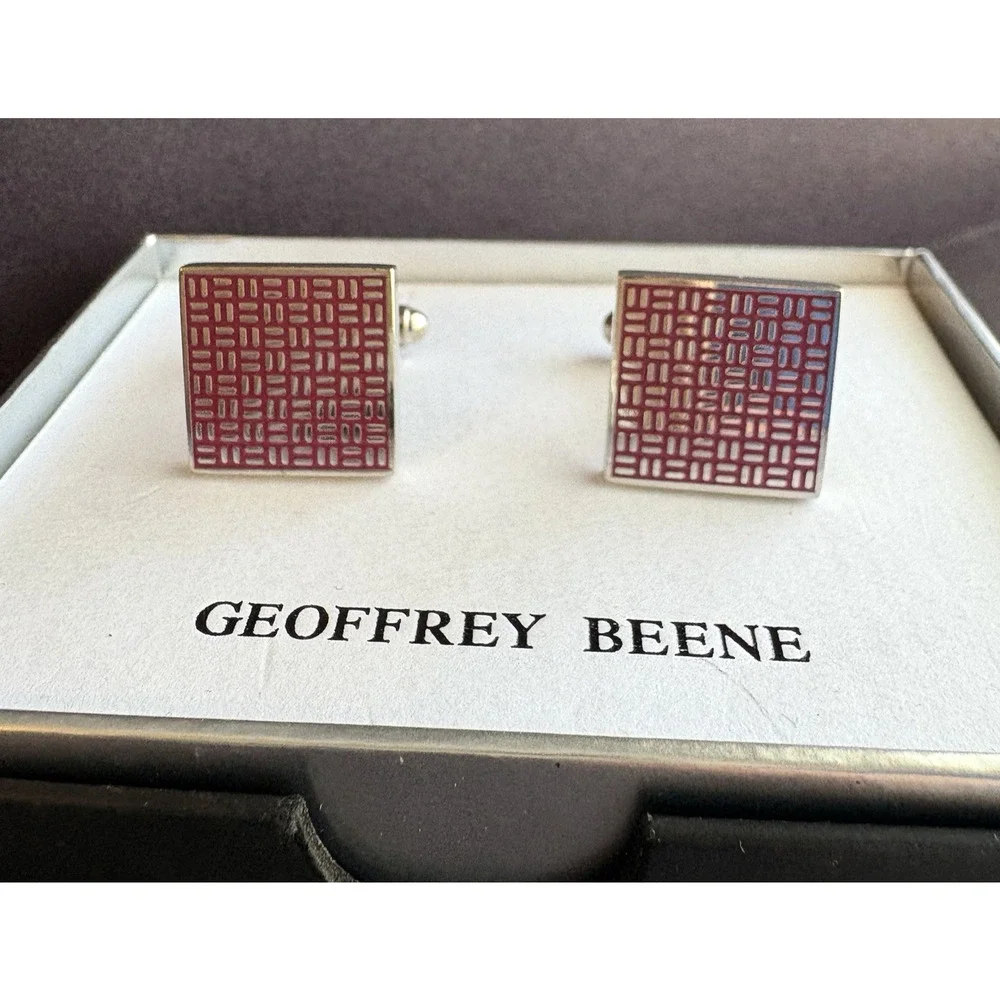Geoffrey Beene Men's Cufflinks Silver & Red Enamel Square‎ Geometric Classic
